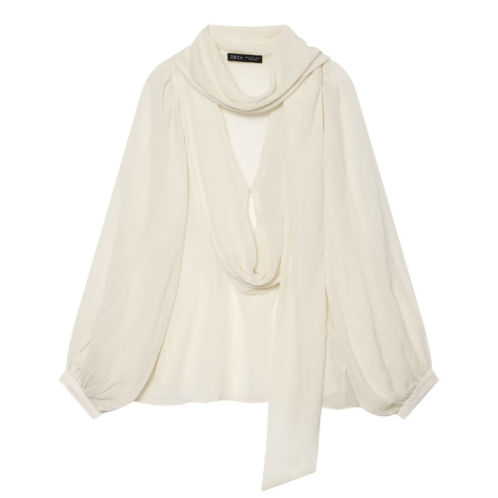 Damen Drapierte Chiffonbluse mit Wasserfall‑Schalkragen und Ballonärmeln Echo Archiv