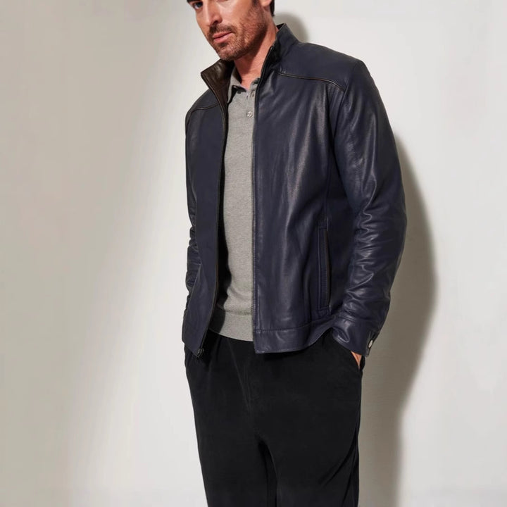 Herren stylische Lederjacke mit modernem Stehkragen und dezenten Kontrastnähten Echoarchiv