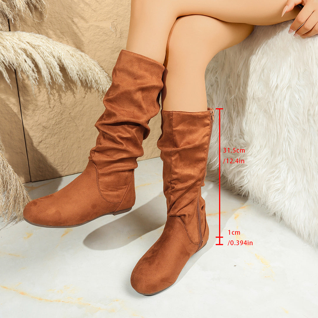 Damen Kniehohe Slouch-Stiefel aus Veloursimitat mit Innenseiten-Reißverschluss und flacher Komfortsohle Echo Archiv