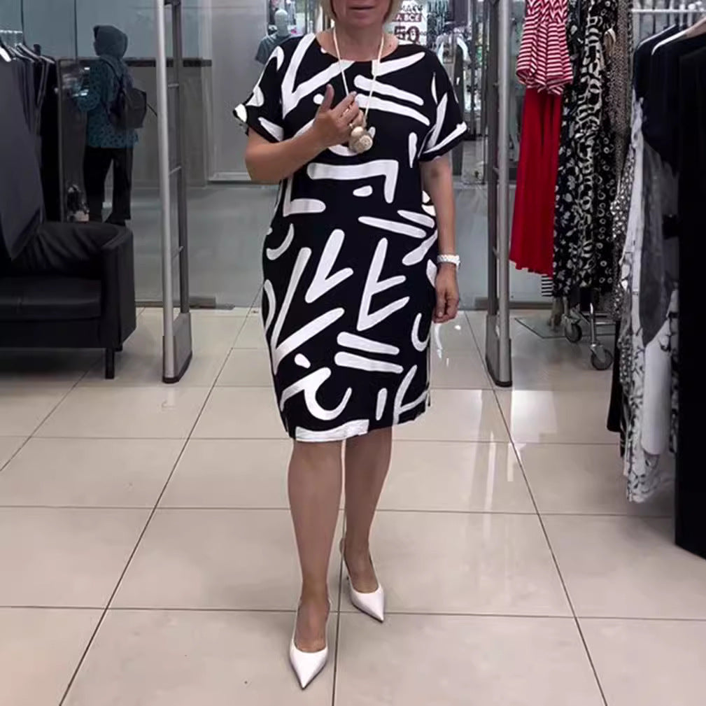 Damen nan knielanges Komfort-Shiftkleid mit großflächigem Pinselstrich-Print und umgeschlagenen Kurzärmeln Echo Archiv