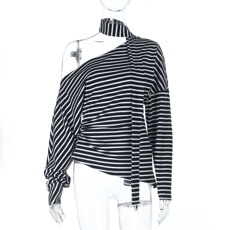 Damen asymmetrisches Streifenoberteil mit schulterfreiem Design und eleganter Schluppe Echo Archiv
