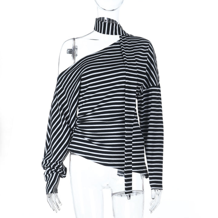 Damen asymmetrisches Streifenoberteil mit schulterfreiem Design und eleganter Schluppe Echo Archiv