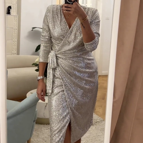 Damen Glamouröses Pailletten-Kleid mit Wickeloptik und langen Ärmeln Echo Archiv