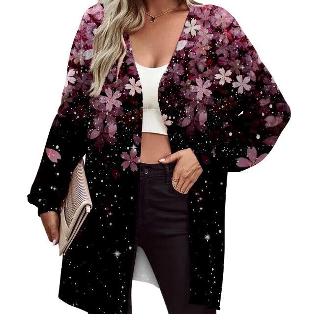 Damen Leichter Offener Longcardigan mit Federmotiv und Oversize-Ärmeln – Veloura