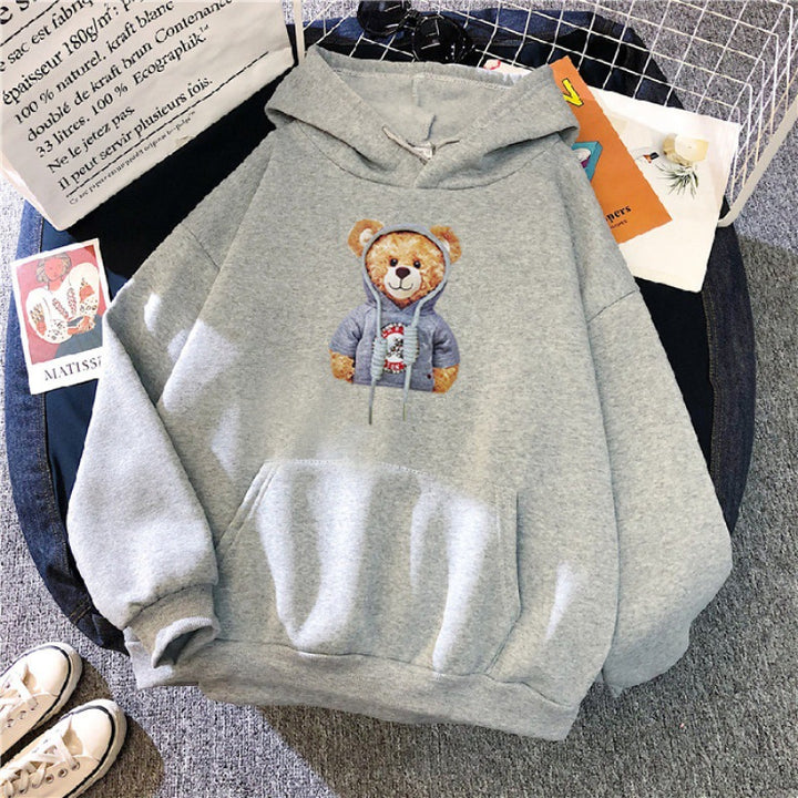 Unisex lässiger Oversize Kapuzenpullover mit Teddy-Frontprint, Kängurutasche und weichem Fleece-Innenfutter – Auréline