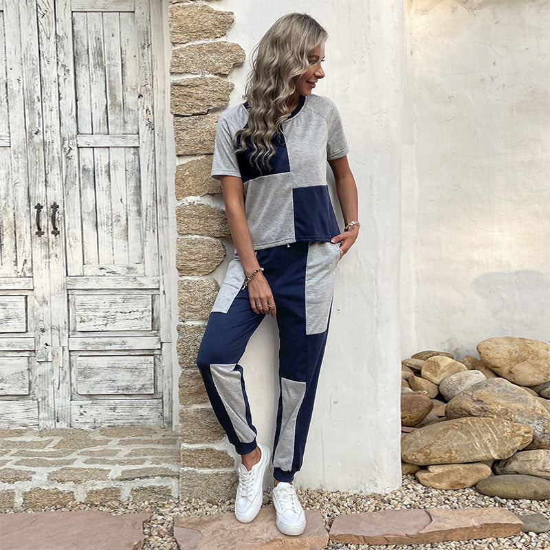 Damen Zweiteiler Freizeit-Set aus Baumwollmix mit Colorblock-Shirt und Jogginghose – Élanora