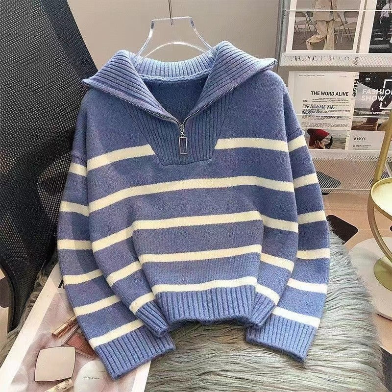 Damen Gestreifter Halb-Reißverschluss Strickpullover mit Rippenkragen – Mavelle