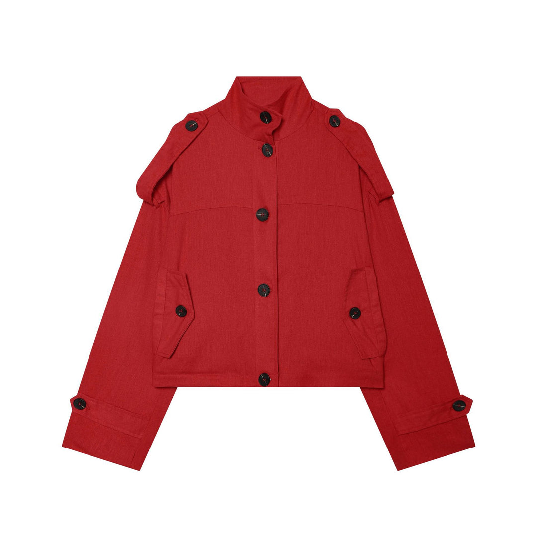 Damen Kurze Canvas-Übergangsjacke mit Funnelkragen, Schulterpatten und Pattentaschen Echoarchiv