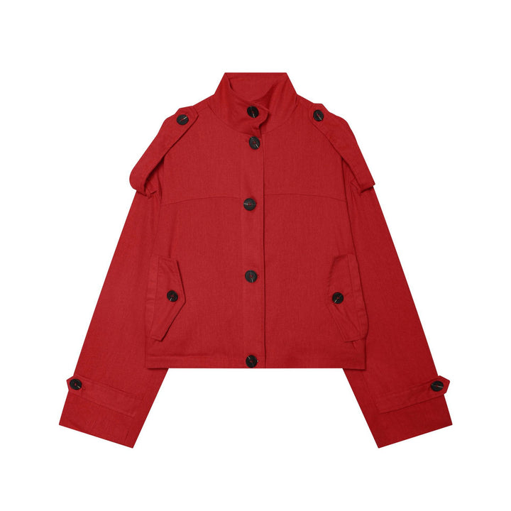 Damen Kurze Canvas-Übergangsjacke mit Funnelkragen, Schulterpatten und Pattentaschen Echoarchiv