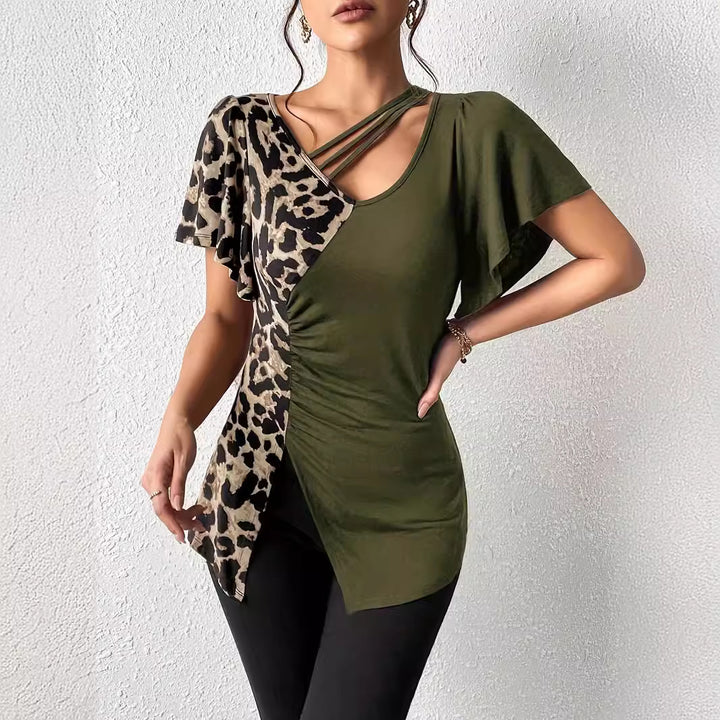 Damen nan asymmetrische Stretch-Tunika mit Leopardenprint-Seiteneinsatz und Mehrfachträgern Echo Archiv
