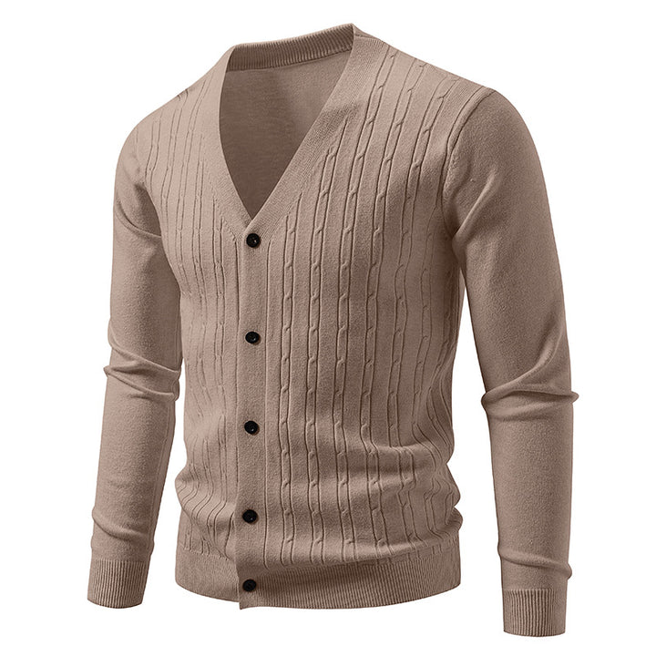 Herren nan Feinstrick-Cardigan mit tiefem V-Ausschnitt schmaler Passform und vertikalem Zopfstrick Echo Archiv