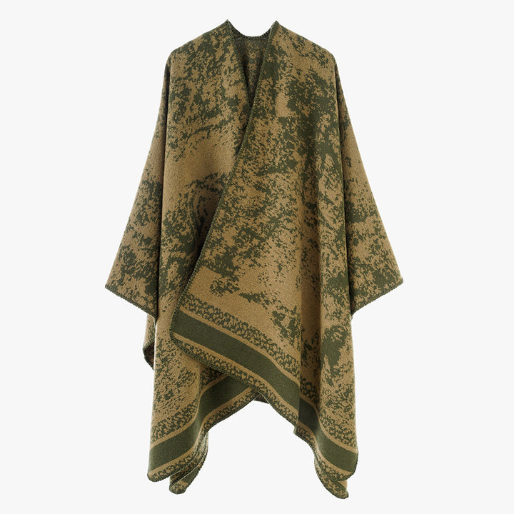 Damen Jacquard‑Überwurfponcho mit offener Front, kastiger Silhouette und fein gekettelter Saumkante – Avérine