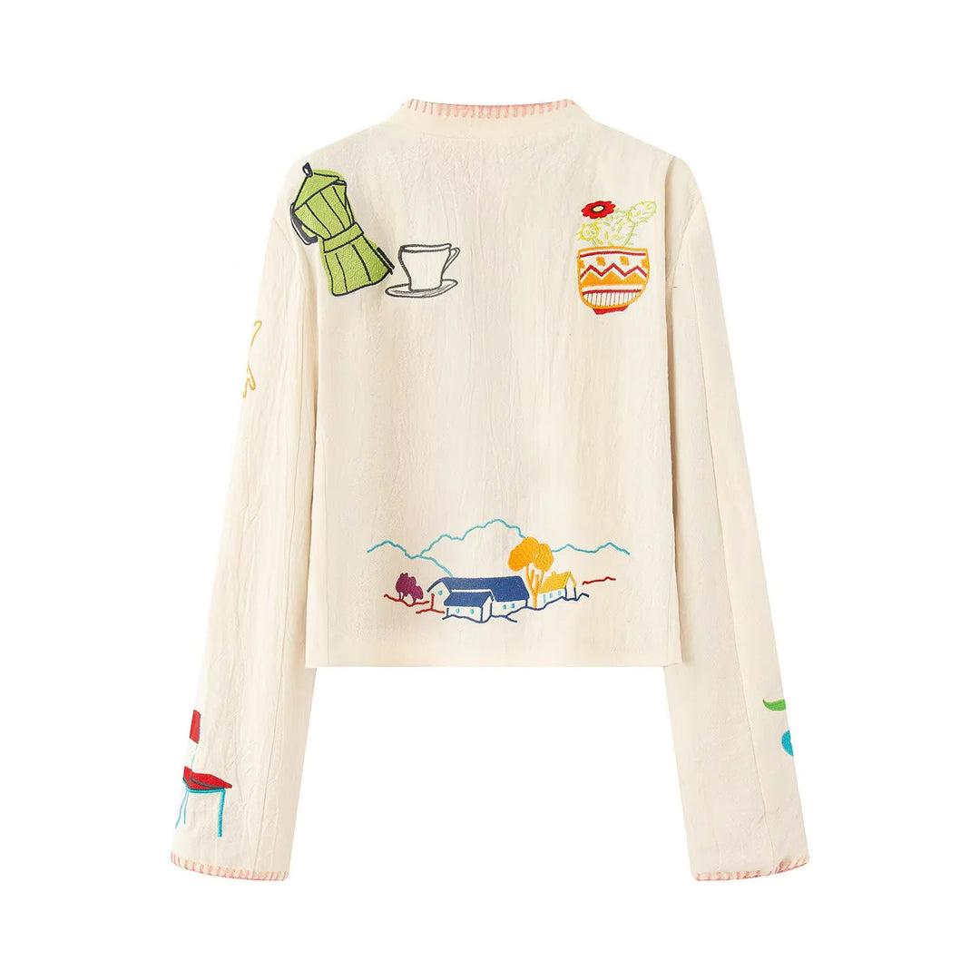Damen artisanal bestickte Kurzjacke mit Rundhalsausschnitt, feinem Zierstich und leichtem Baumwollmix – Célinea