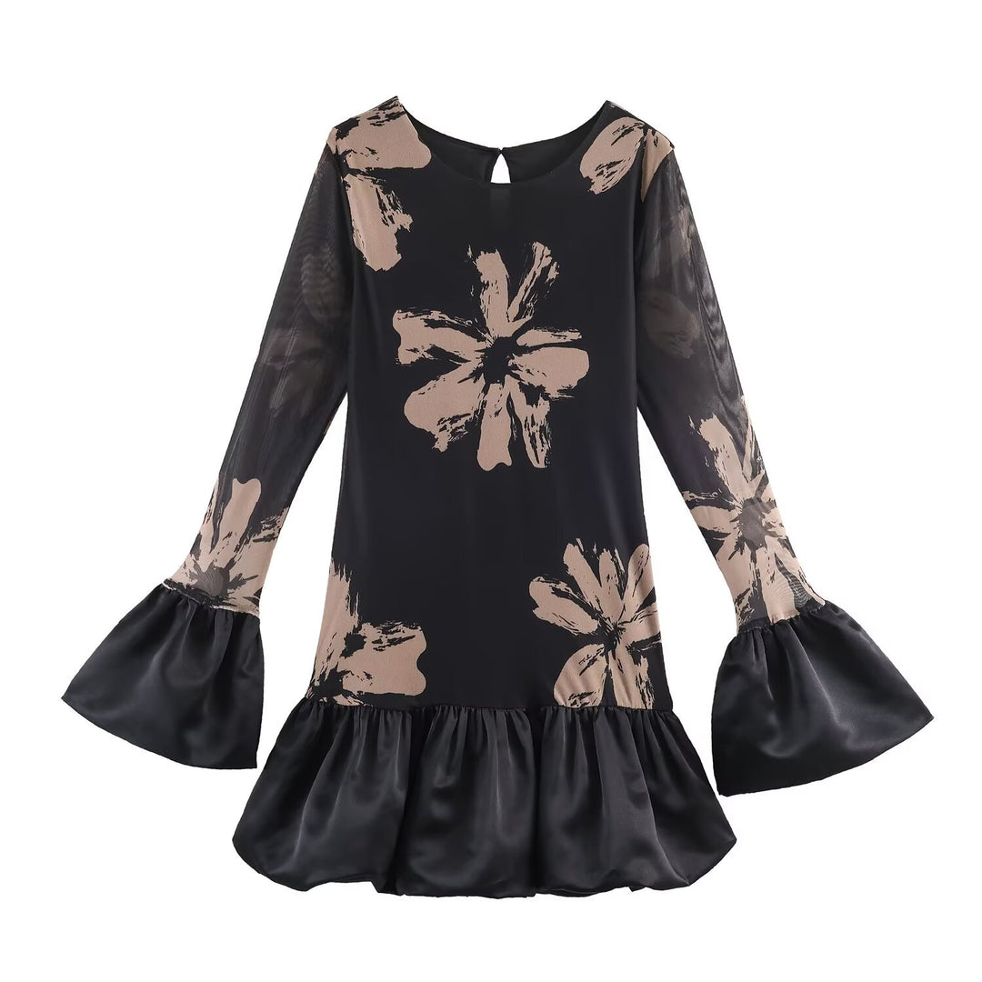 Damen Kurzes A-Linien-Kleid mit Blumenprint, transparenten Trompetenärmeln und Satinvolant Echoarchiv