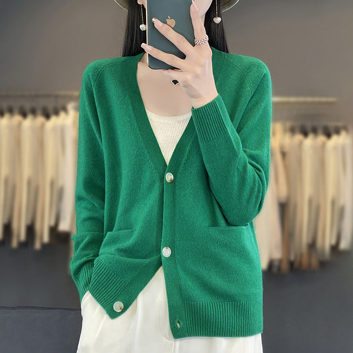 Damen Lässiger Feinstrick-Cardigan mit V‑Ausschnitt, Eingrifftaschen und breitem Rippbund Echoarchiv