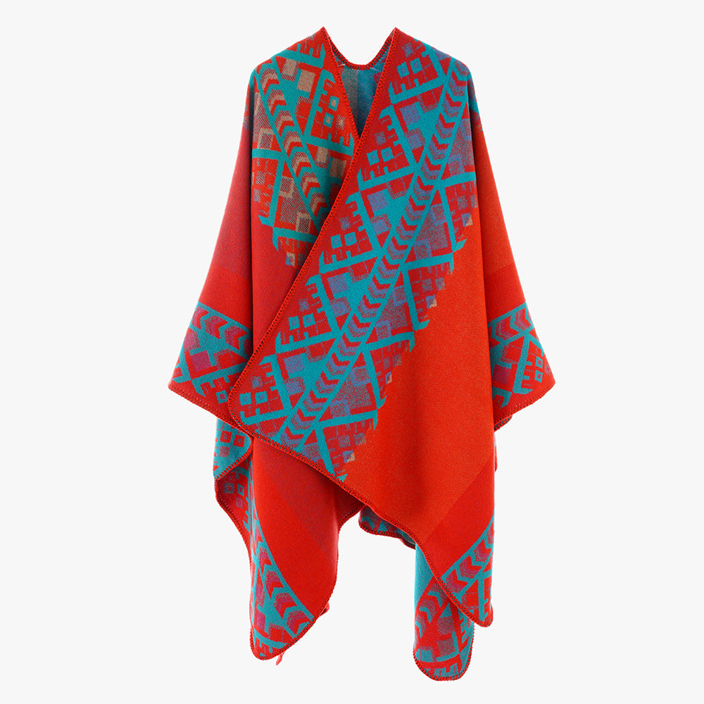 Damen Gewebter Oversize-Ruana mit Ethno-Jacquard und Zierkettelung – Avérine