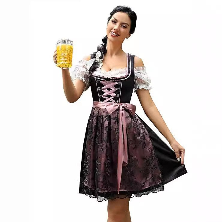 Damen nan traditionelles Dirndlkleid mit Schnürung, floraler Baumwollqualität und Schleifen-Schürze Echo Archiv
