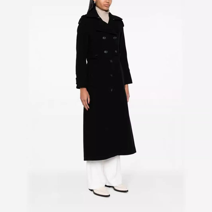 Damen Bodenlanger Doppelreihiger Trenchcoat aus Wollmix mit Schulterpatten und verdecktem Taillengürtel Echoarchiv