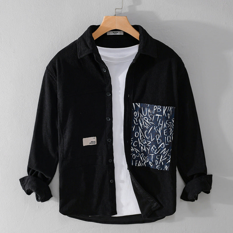 Herren Leichtes Cord-Hemdjacken-Overshirt mit Letterprint-Brusttasche und Relaxed Fit Echoarchiv