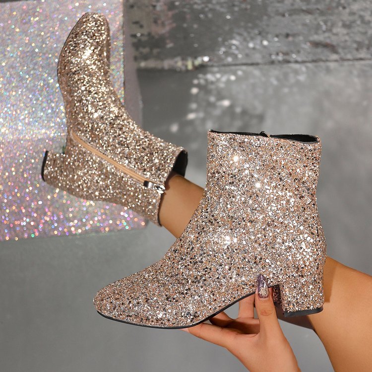 Damen glitzernde Stiefeletten mit kurzem Blockabsatz und seitlichem Reißverschluss Echo Archiv