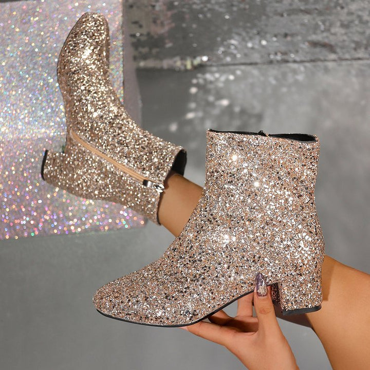 Damen glitzernde Stiefeletten mit kurzem Blockabsatz und seitlichem Reißverschluss Echo Archiv