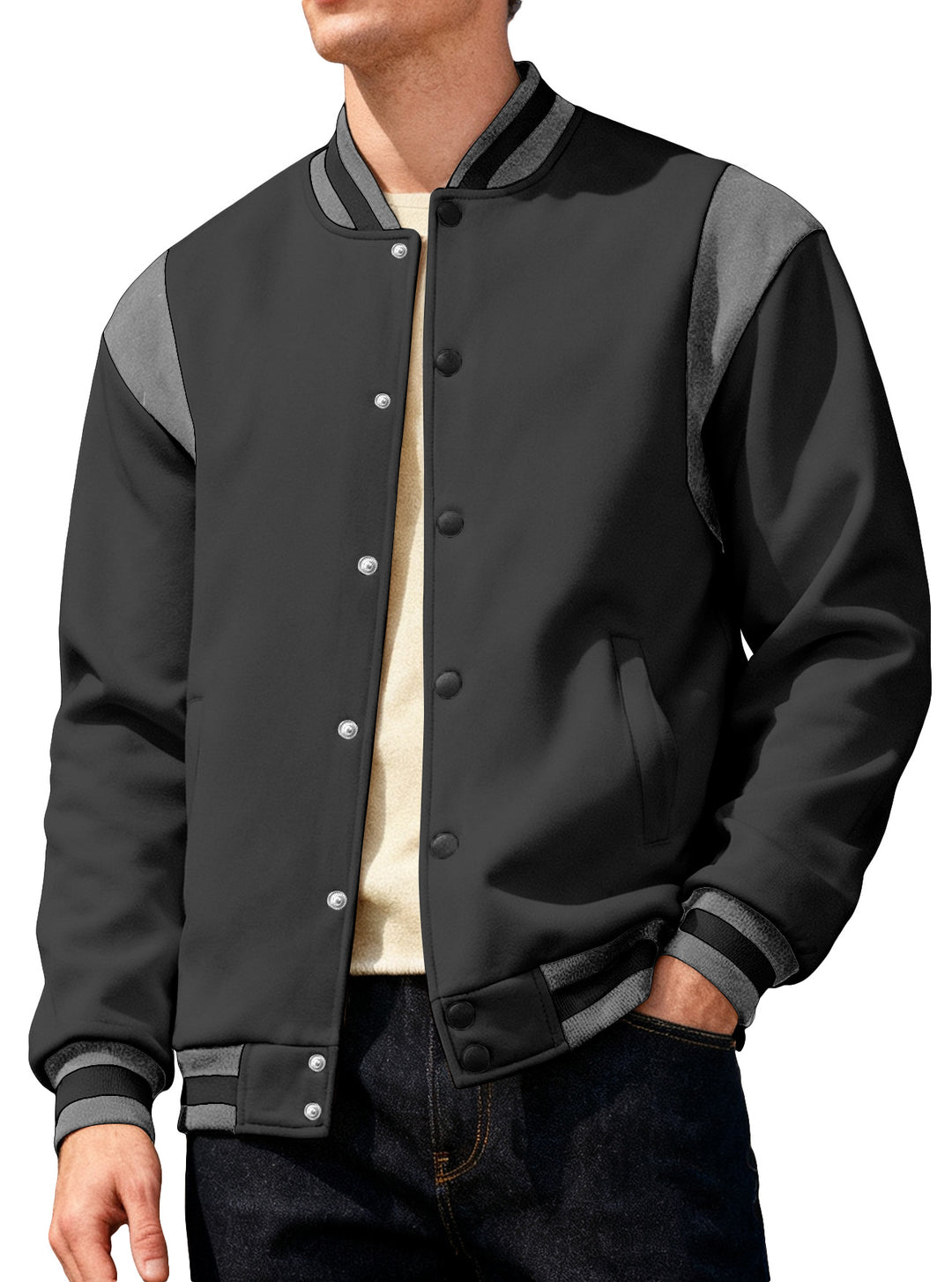 Herren lässige Collegejacke mit Druckknöpfen und elastischen Bündchen Echoarchiv