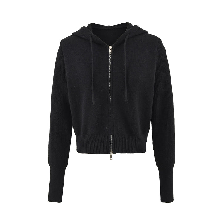 Damen Kurze Kapuzen-Strickjacke mit Reißverschluss und tailliertem Rippenbund Echoarchiv