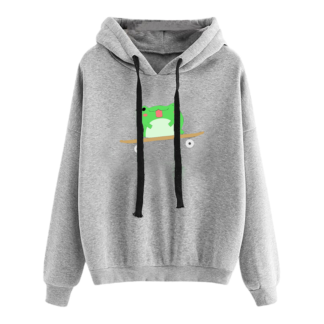 Damen kurz geschnittener Cropped-Kapuzenpullover mit niedlicher Frosch-Illustration und verstellbarer Kapuze – Auréline