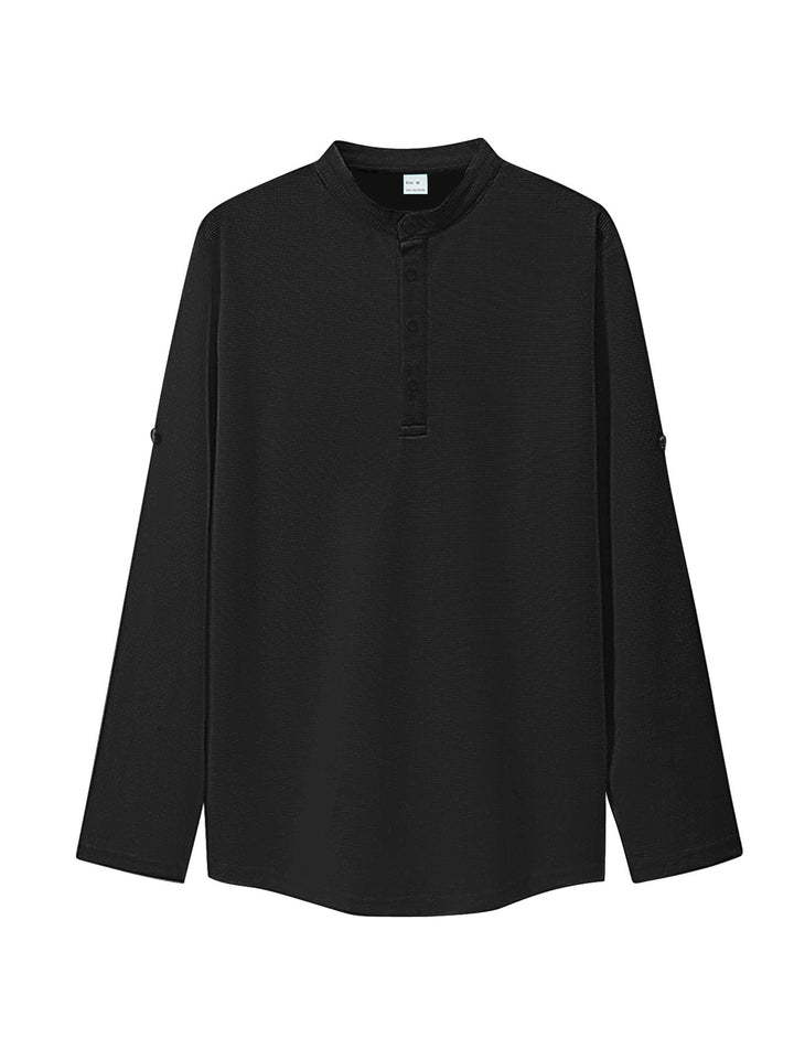 Damen nan oversized Langarm-Henley mit Stehkragen Waffelstruktur und Ärmelsicherung Echo Archiv
