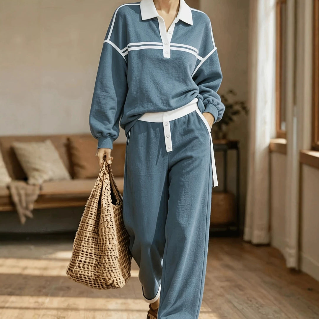 Damen Lounge-Set aus weichem Jersey mit Polokragen, Kontraststreifen und weiter Jogpant – Élanora