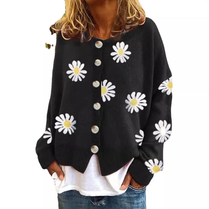 Damen Oversize Strickcardigan mit Knopfleiste und Gänseblümchen-Print Echo Archiv