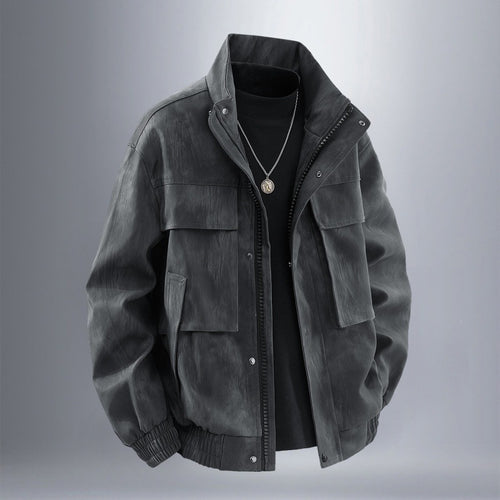 Herren Utility-Harringtonjacke in Lederoptik mit Mehrfachtaschen und elastischem Saum Echoarchiv