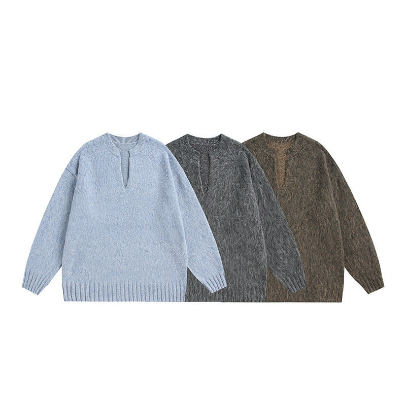 Unisex Oversize-Flauschpullover mit V-Schlitzkragen und Bouclé-Optik Echo Archiv