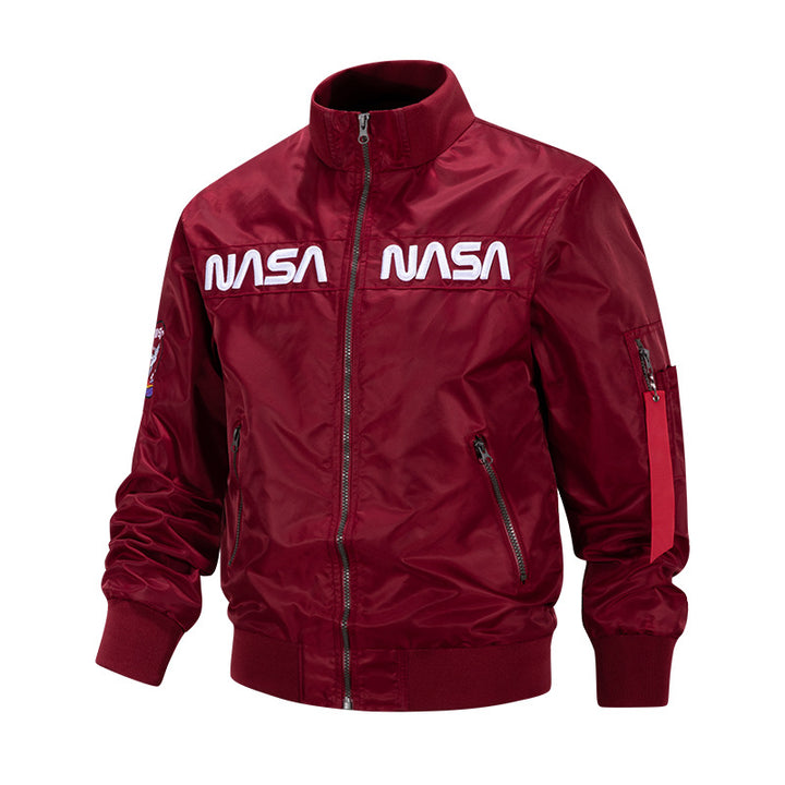 Men's metallic pilot-style zip-up bomber jacket with embroidered chest panels and angled zip hand pockets – Brevano