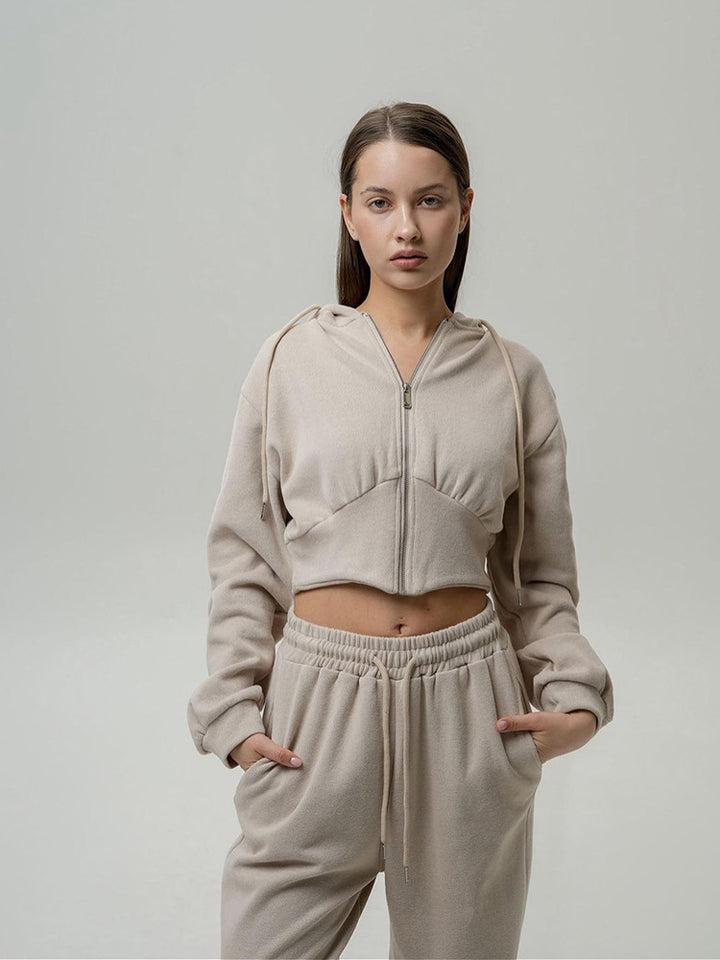 Damen nan zweiteiliges Cropped Hoodie-Set mit weitem Bundhose-Schnitt und tailliertem Reißverschluss Echo Archiv