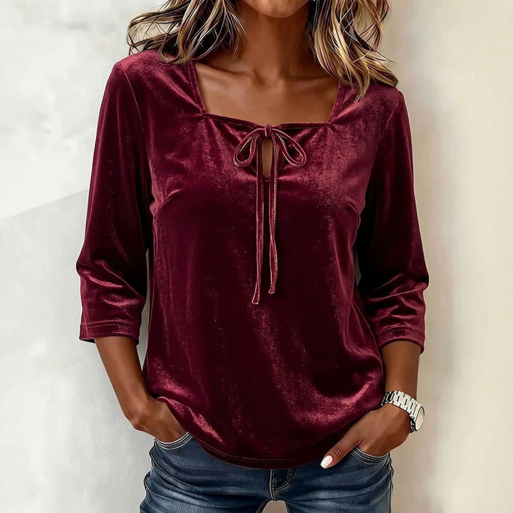 Damen Samtbluse mit eckigem Ausschnitt, Kordelzug und dreiviertel Ärmeln Echoarchiv