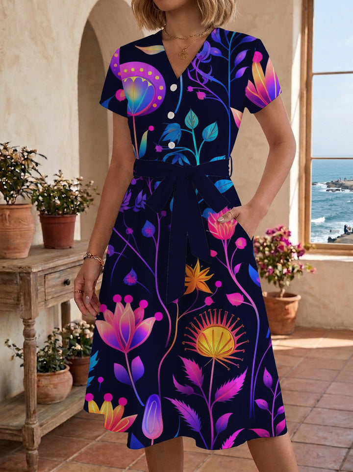 Damen Midikleid mit floralem Motiv und Taillengürtel Echo Archiv