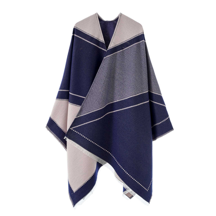 Damen Wendbarer Strickcape-Poncho mit Fransen und kontrastierenden Streifen – Avérine