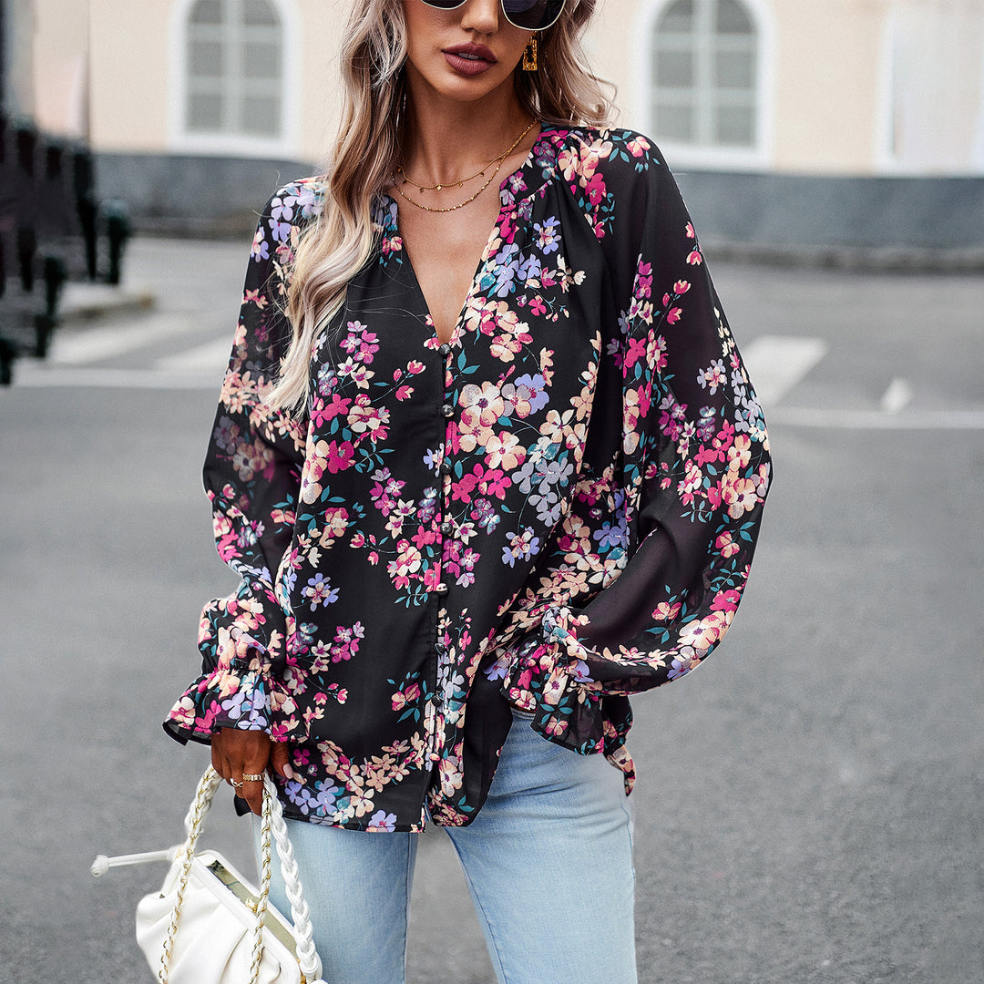 Damen nan Chiffon-Bluse mit floralem Alloverprint, V-Ausschnitt, Knopfleiste und gebundenen Manschetten Echo Archiv