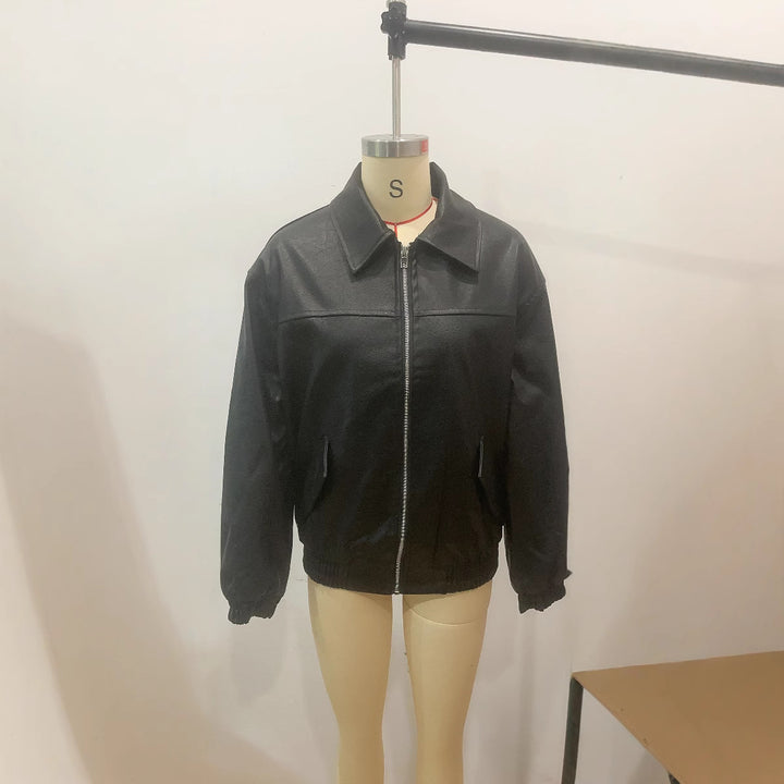 Damen nan oversized Kunstleder-Bomberjacke mit Hemdkragen elastischem Saum und aufgesetzten Pattentaschen Echo Archiv