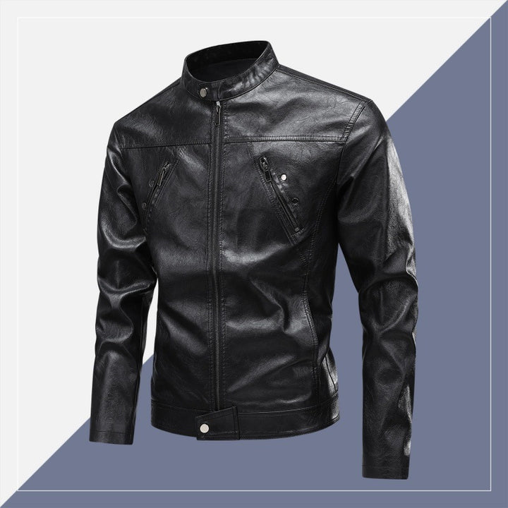 Herren Lederimitat-Bikerjacke mit Stehkragen, schmaler Passform & diagonalen Reißverschlusstaschen Echoarchiv