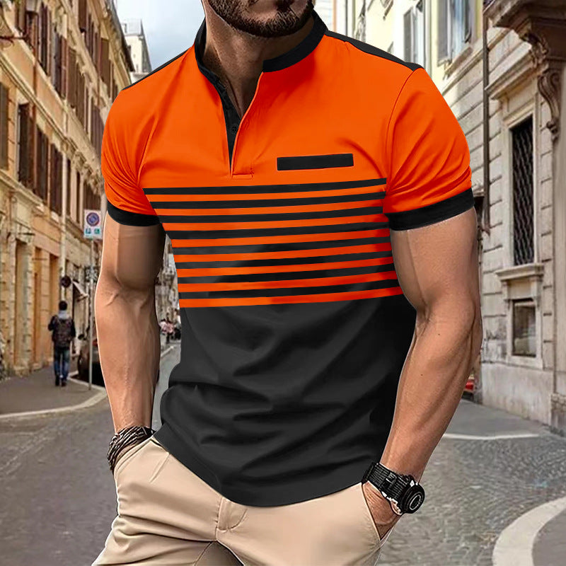 Herren nan kurzärmeliges Streifen-Kurzarmshirt mit Knopfleiste, Stehkragen und Brustpaspel Echo Archiv