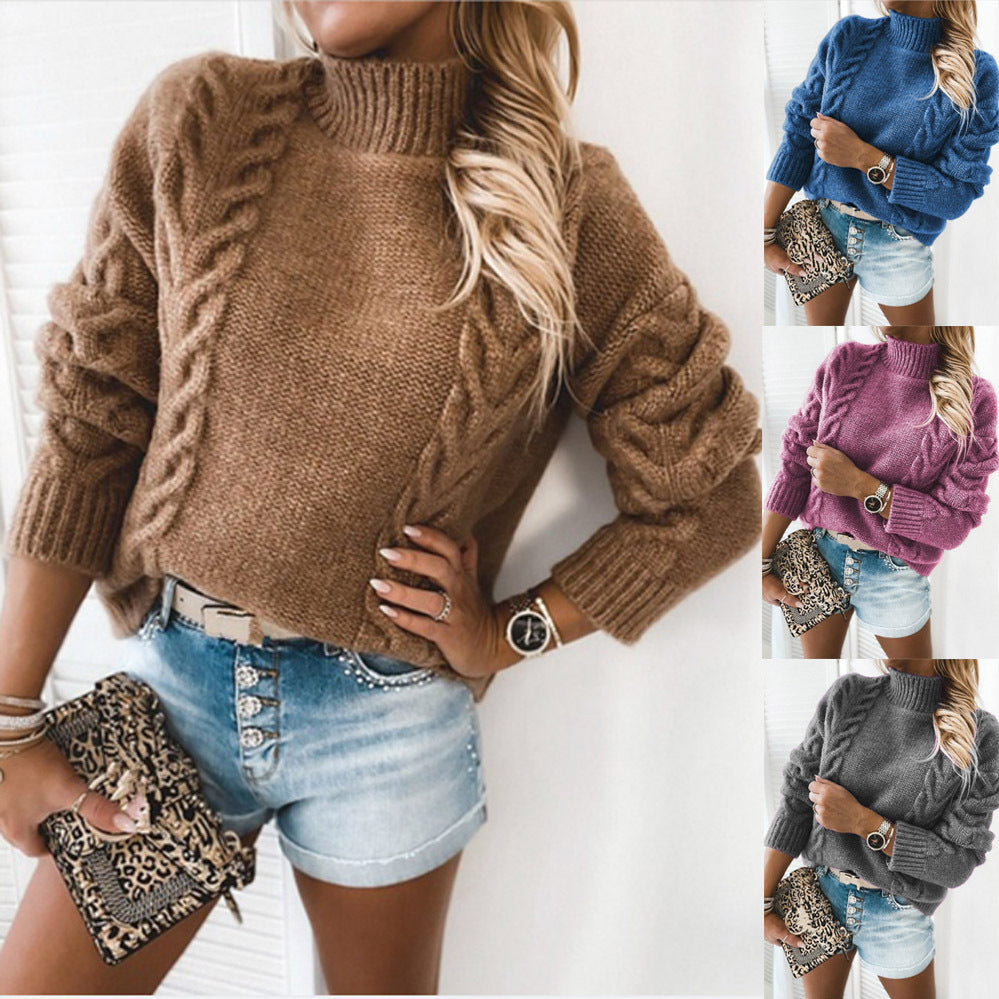 Damen Grobgestrickter Kurzpullover mit Zopfmuster und Stehkragen Echo Archiv