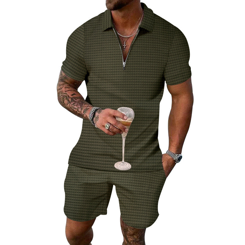 Herren modisches Kurzarm-Set mit schmalem Kragen und praktischem Zipper Echoarchiv