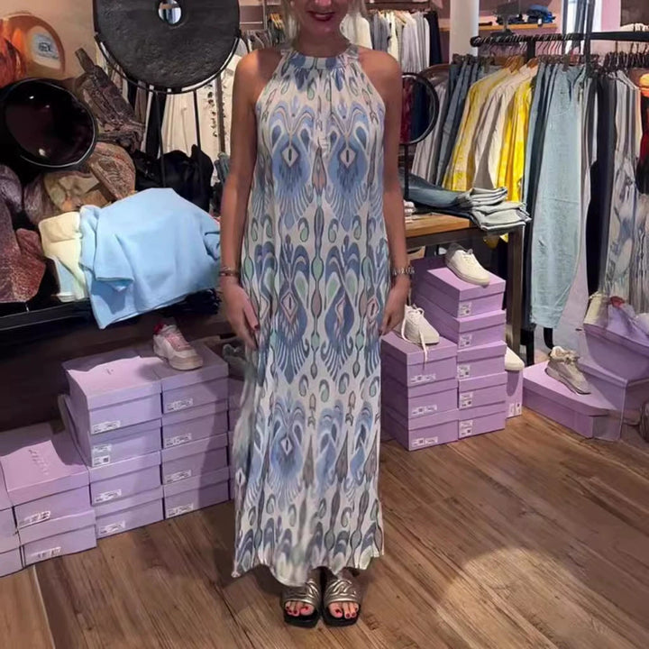 Damen nan fließendes Maxikleid mit Halterkragen, ornamentalem Ikat‑Print und weitem Fall Echo Archiv