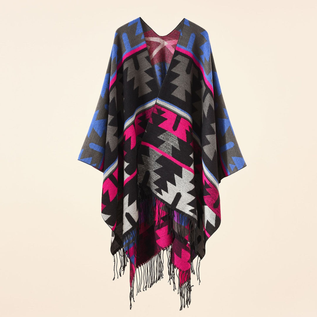 Damen Oversize-Ruana mit V‑Ausschnitt, grobem Jacquardmuster und langen Fransen Echo Archiv