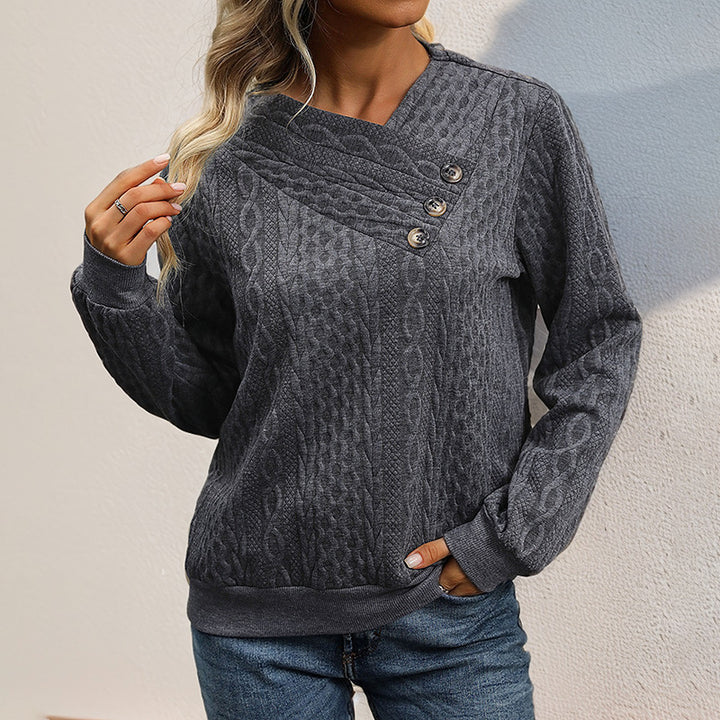 Damen Strukturierter Zopfstrick-Pullover mit asymmetrischer Knopfleiste & Rundhalsausschnitt Echoarchiv