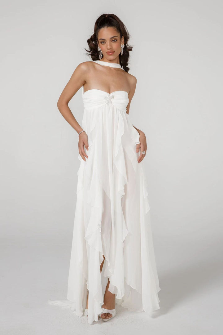 Damen Elegantes Maxi-Kleid mit asymmetrischem Saum und zarten Rüschendetails Echo Archiv