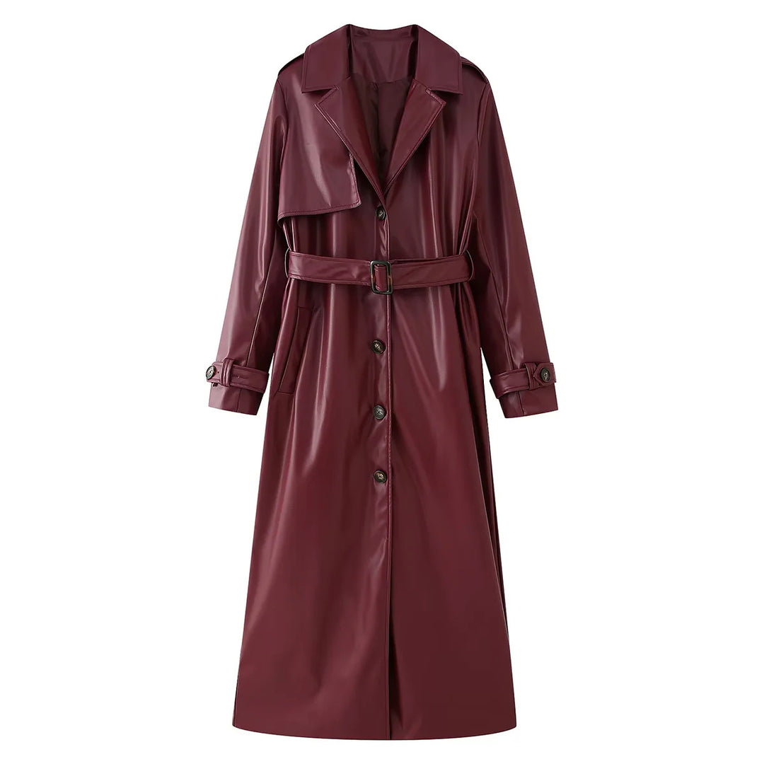 Damen nan langer veganer Trenchcoat in Lederoptik mit Taillengürtel und Schulterklappe Echo Archiv