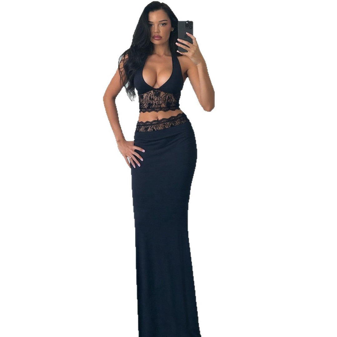 Damen Langer Sommerrock mit tiefem V-Ausschnitt und eleganter Spitzenapplikation Echo Archiv